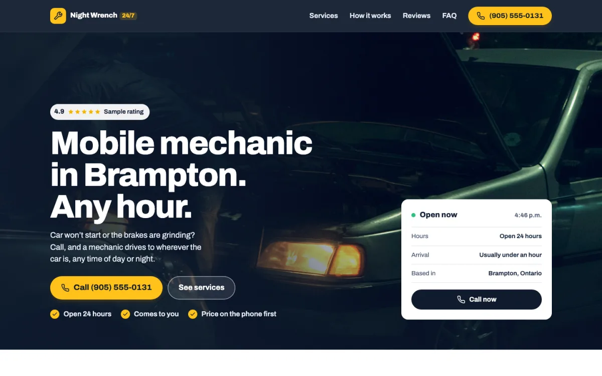 Night Wrench website: a mobile mechanic's night-time hero with a big call button and an open-now card