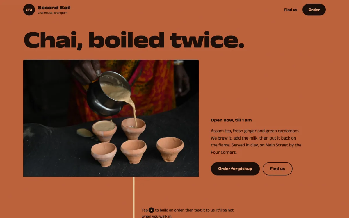 Second Boil Chai House website: a clay-red page with chai pouring into clay cups