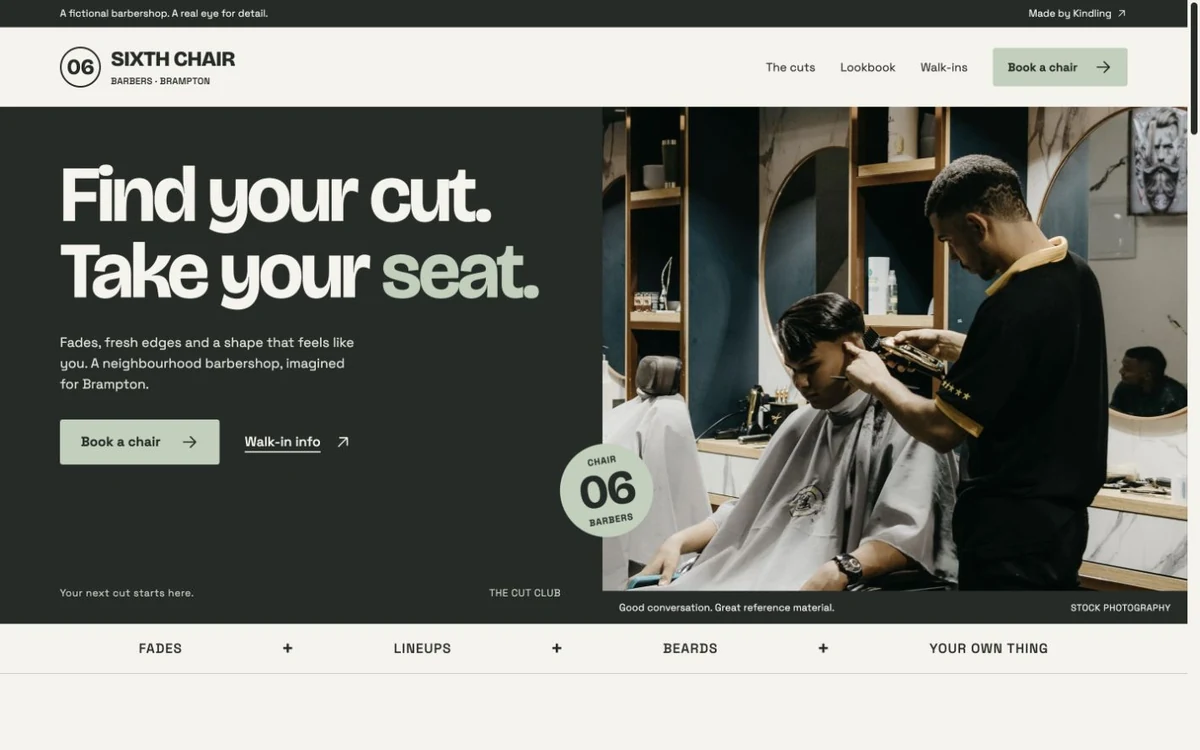 Sixth Chair Barbers website: a charcoal and sage photographic cover, style lookbook and sample appointment ticket