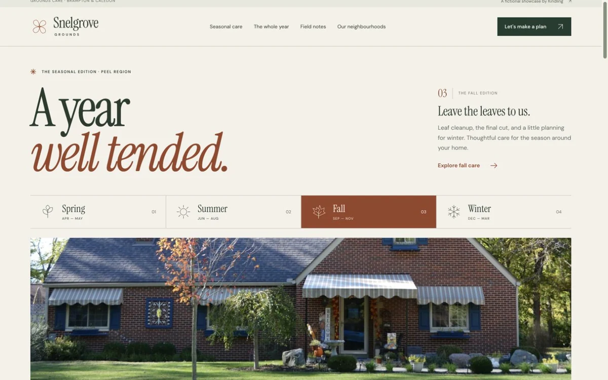 Snelgrove Grounds website: an editorial garden almanac with serif lettering, landscape photography and four interactive seasons